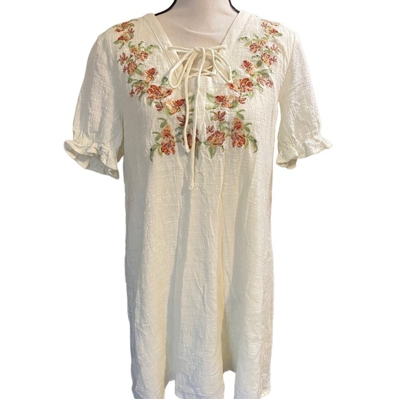 𝅺JODIFL Midi Dress Size Medium Cream Lined Lace Up Bodice Short Ruffle S… - Picture 1 of 8
